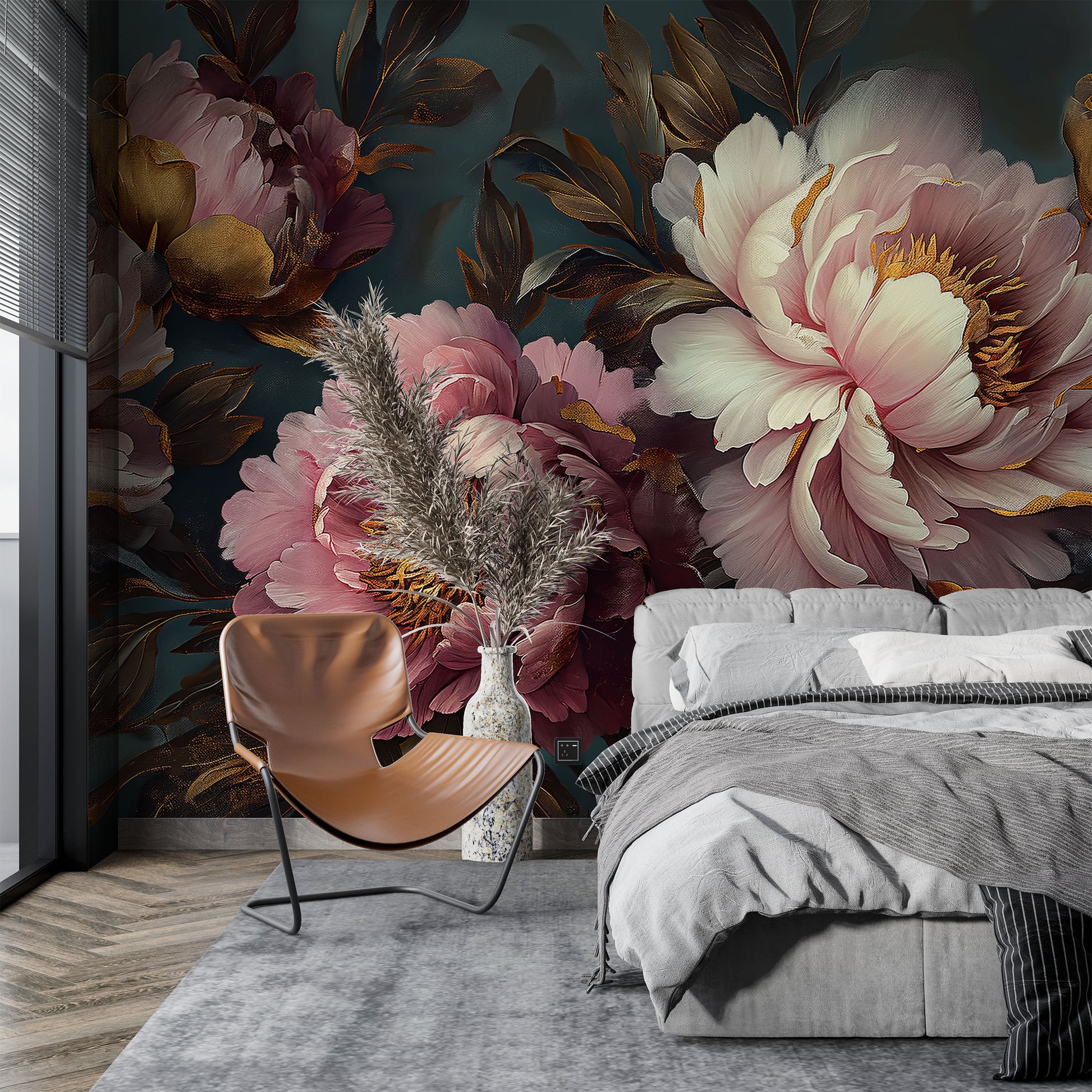 Dark Floral Beautiful Flowers Floral Wallpaper – lifestyle view, Golden Era Walls