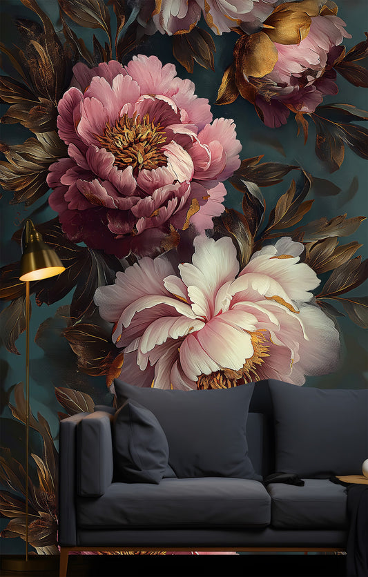 Dark Floral Beautiful Flowers Floral Wallpaper wallpaper mural, peel and stick removable, Golden Era Walls