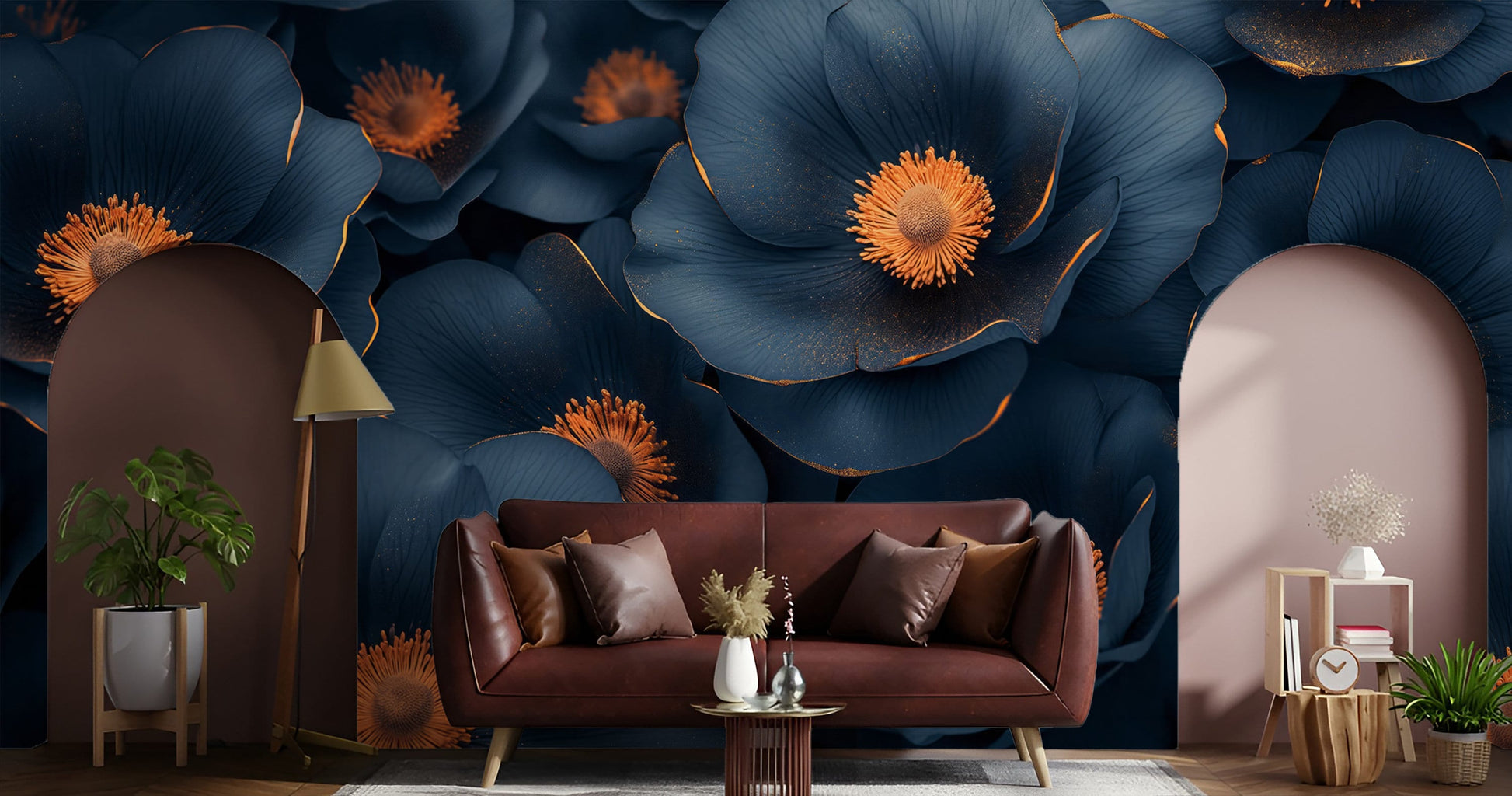 Dark Floral Purple Golden Floral Wallpaper – scale reference, Golden Era Walls