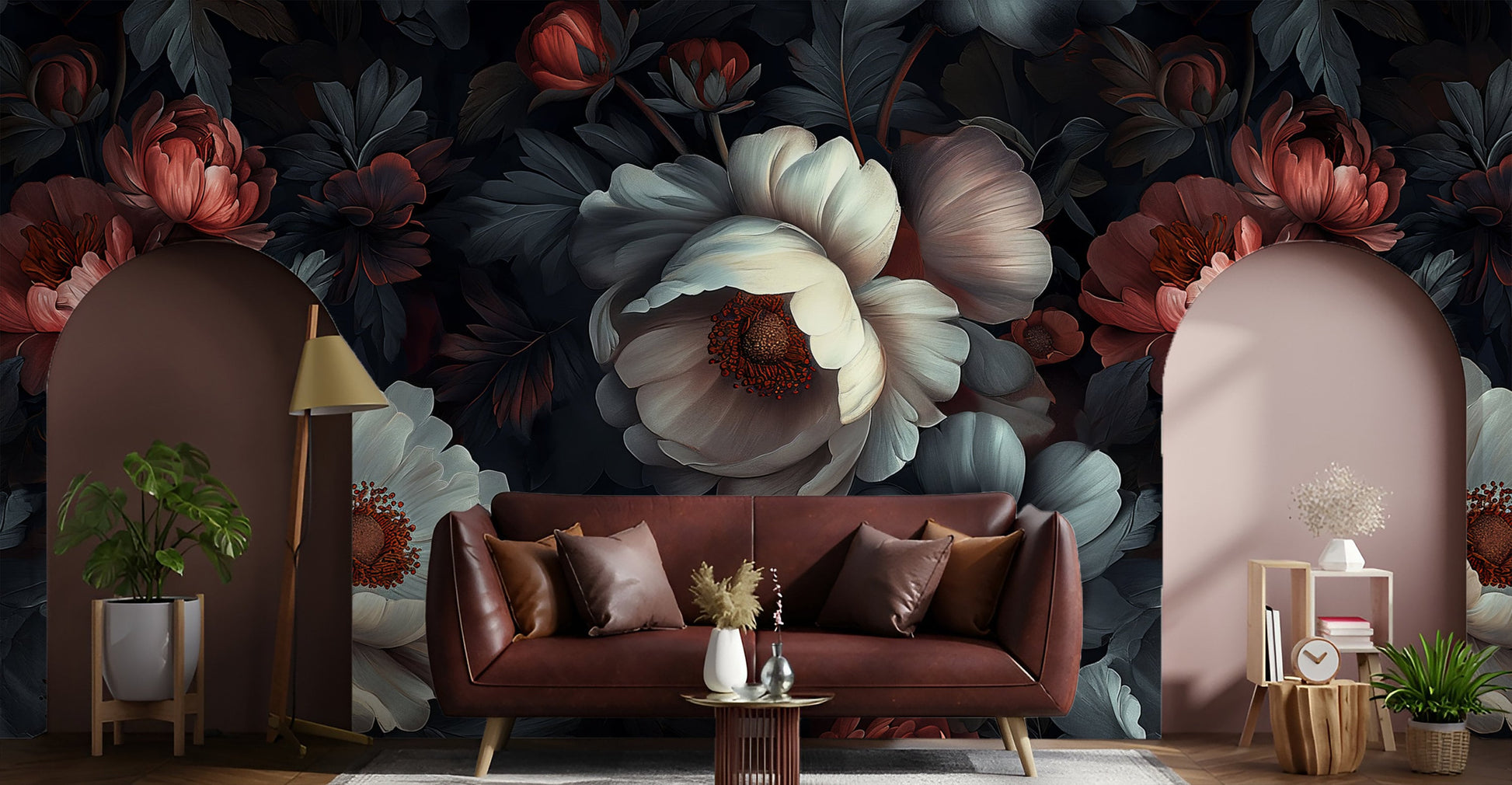 Peony Floral Dark Botanical Floral Wallpaper – alternate view, Golden Era Walls