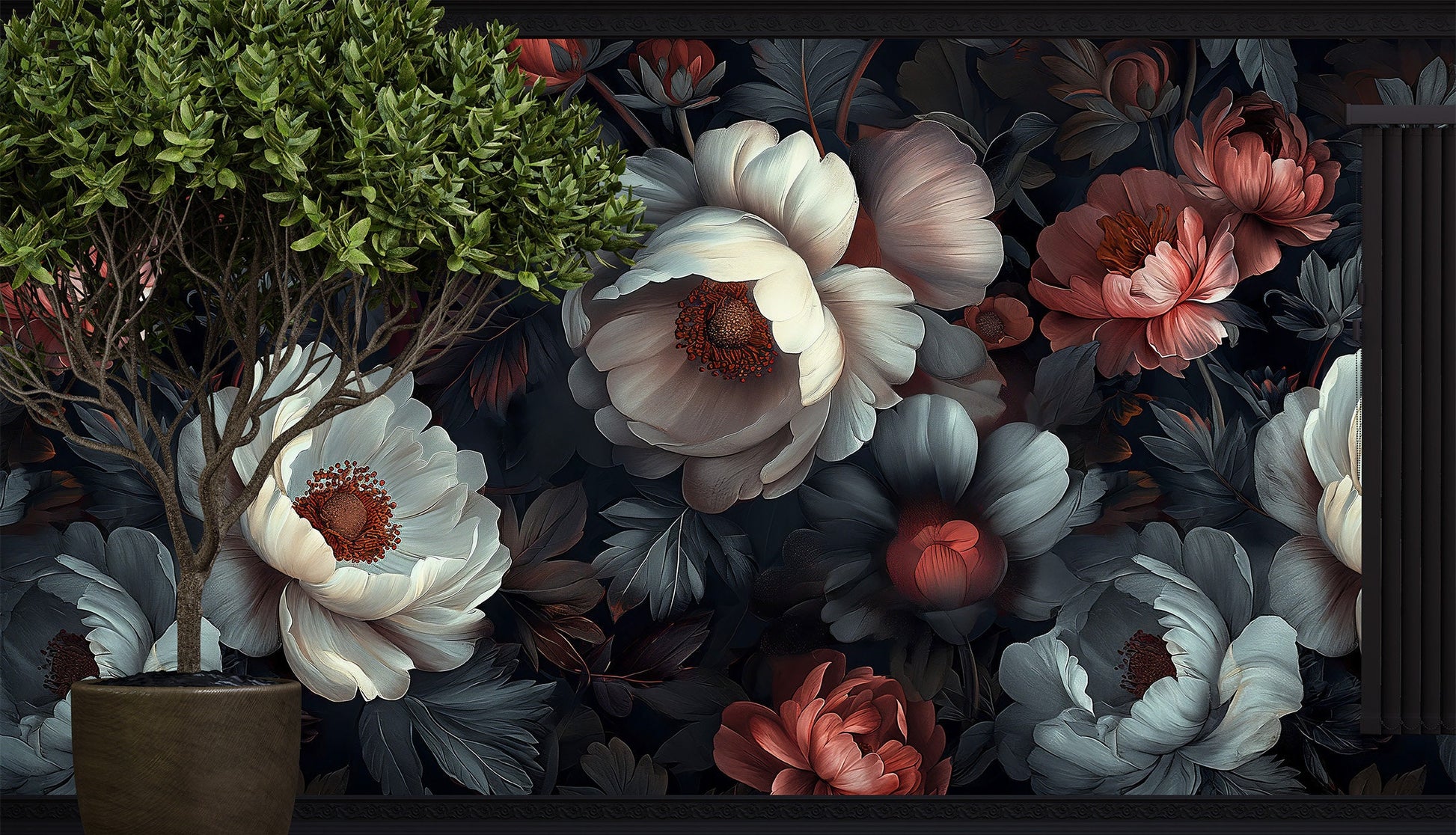 Peony Floral Dark Botanical Floral Wallpaper – scale reference, Golden Era Walls
