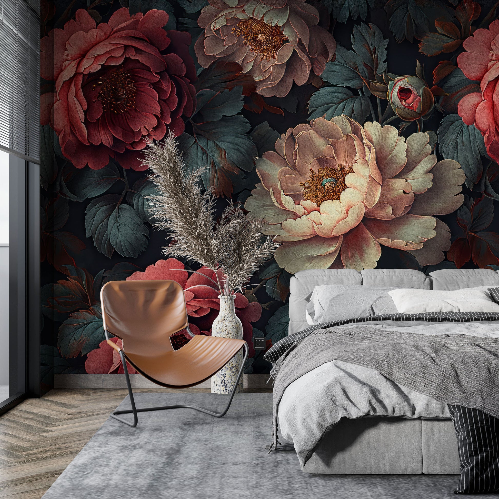 Rose Botanical Dark Floral Wallpaper – detail view, Golden Era Walls