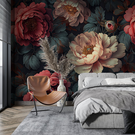 Rose Botanical Dark Floral Wallpaper – detail view, Golden Era Walls