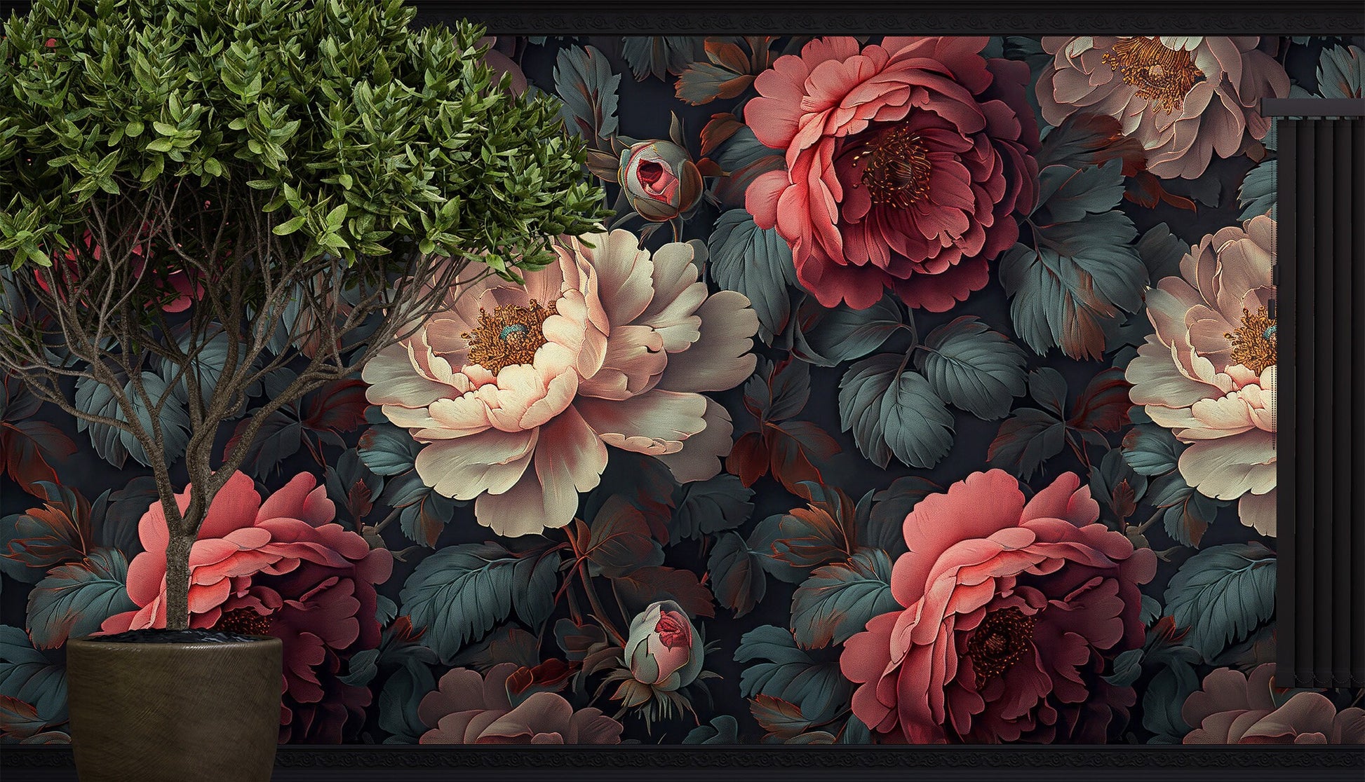 Rose Botanical Dark Floral Wallpaper – alternate view, Golden Era Walls