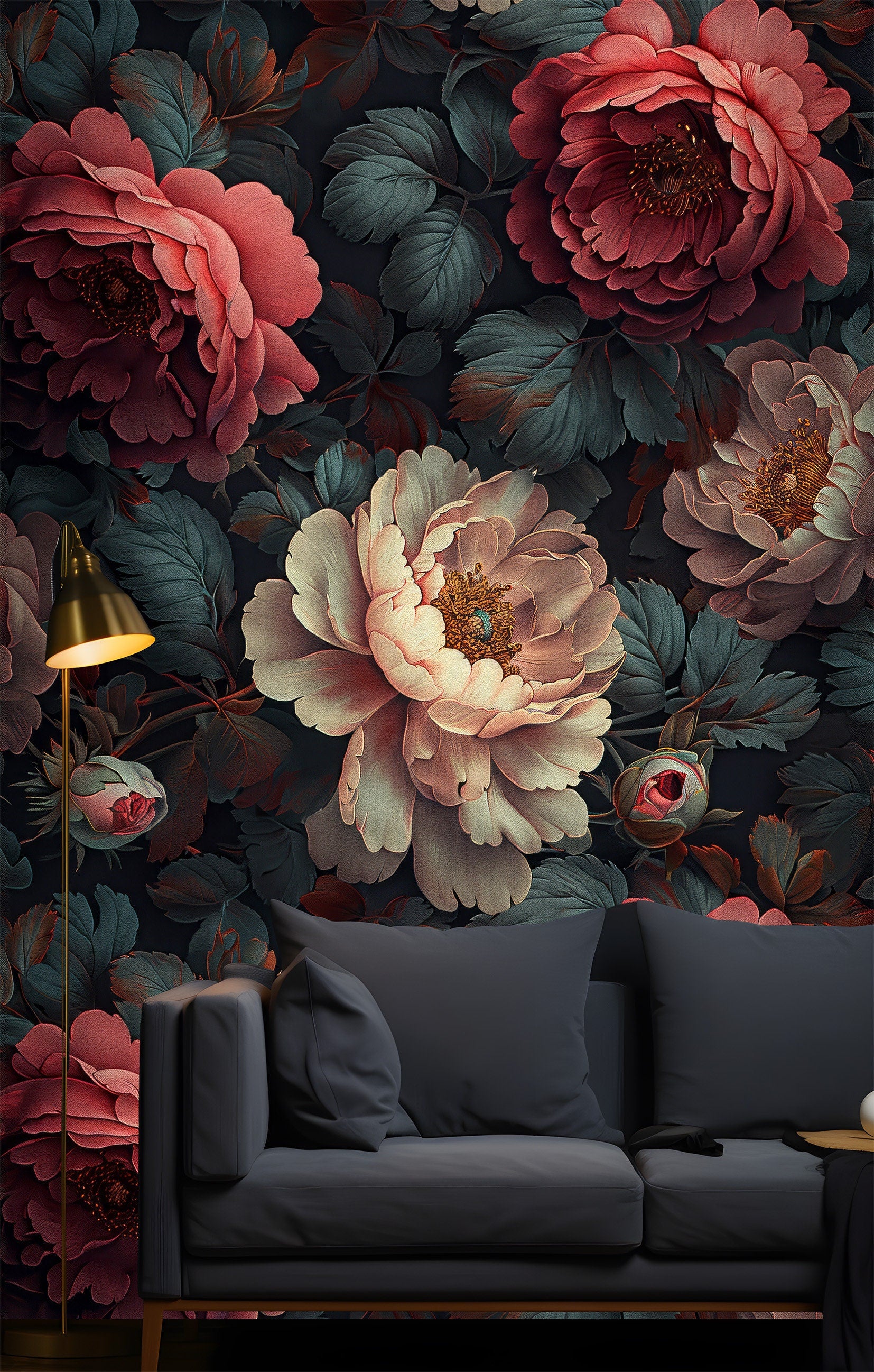 Rose Botanical Dark Floral Wallpaper – peel and stick wallpaper mural, Golden Era Walls