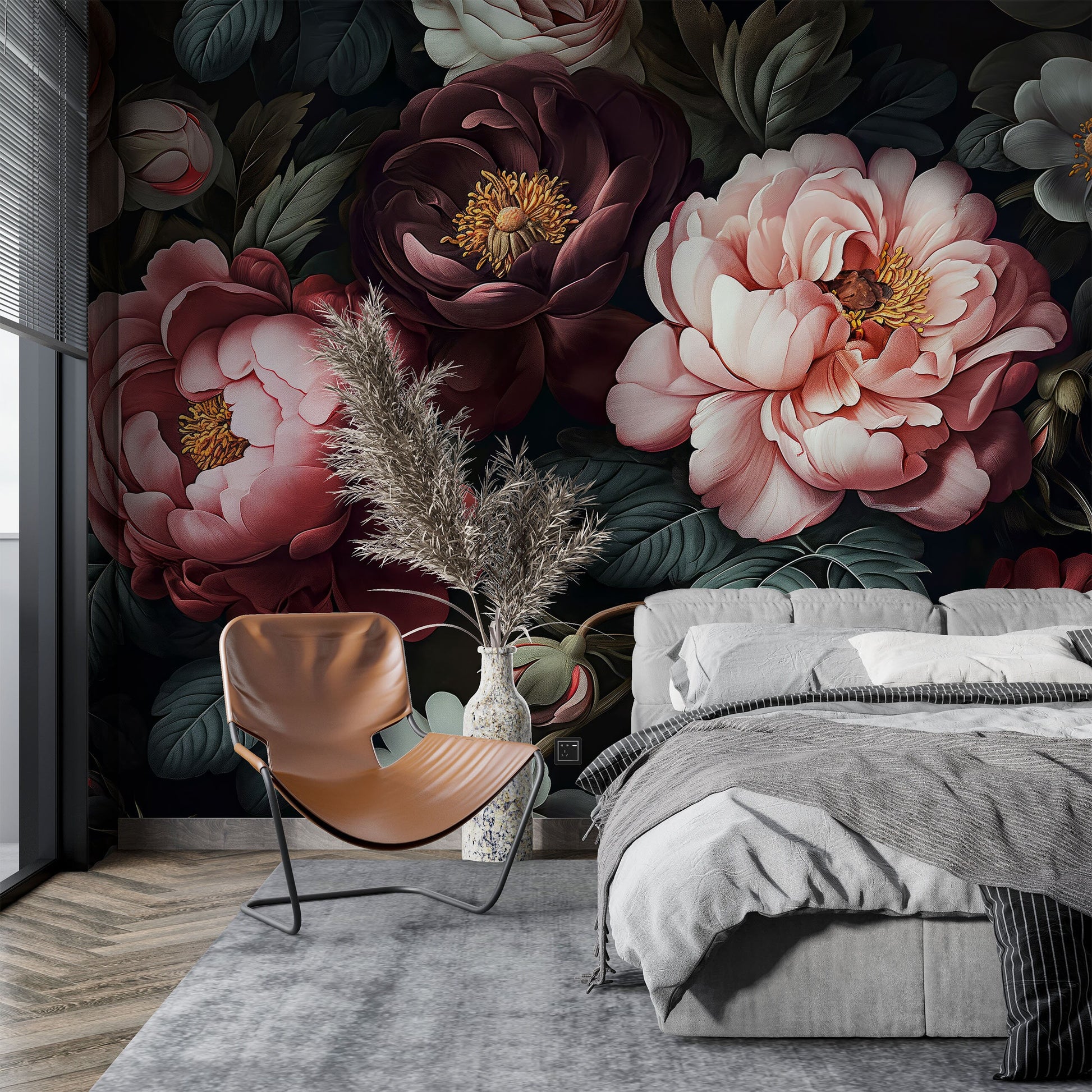 Temporary Dark Floral Decoration Floral Wallpaper – detail view, Golden Era Walls