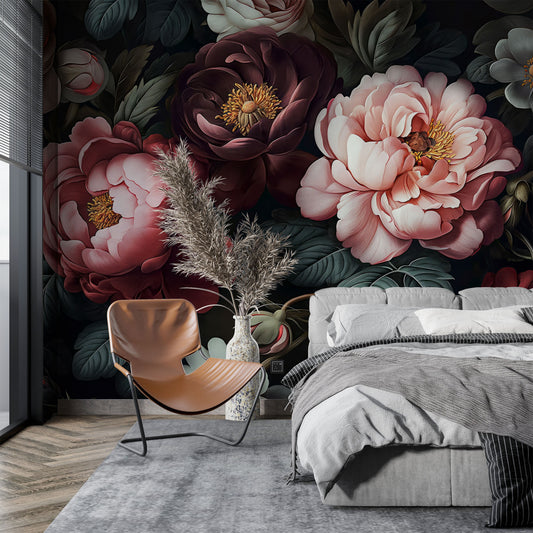 Temporary Dark Floral Decoration Floral Wallpaper – detail view, Golden Era Walls
