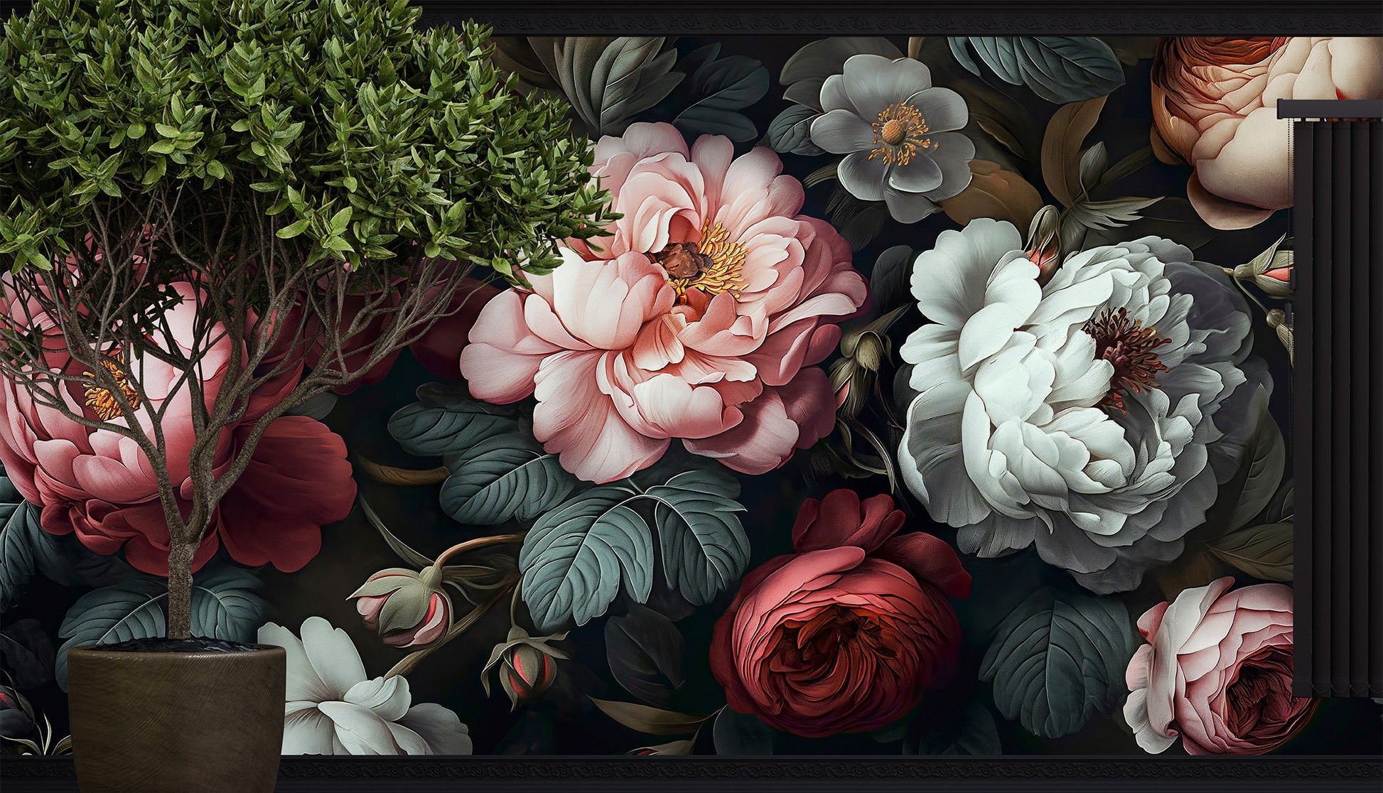 Temporary Dark Floral Decoration Floral Wallpaper – scale reference, Golden Era Walls