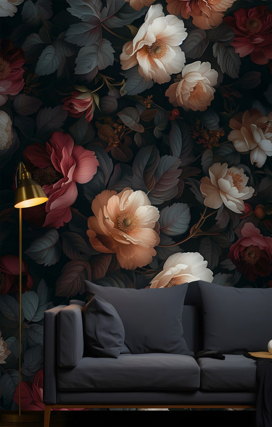 Vintage Baroque Magnetic Flowers Floral Wallpaper – peel and stick wallpaper mural, Golden Era Walls