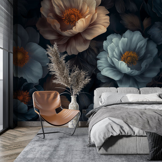 Watercolor Dark Botanical Dark Floral Wallpaper – detail view, Golden Era Walls