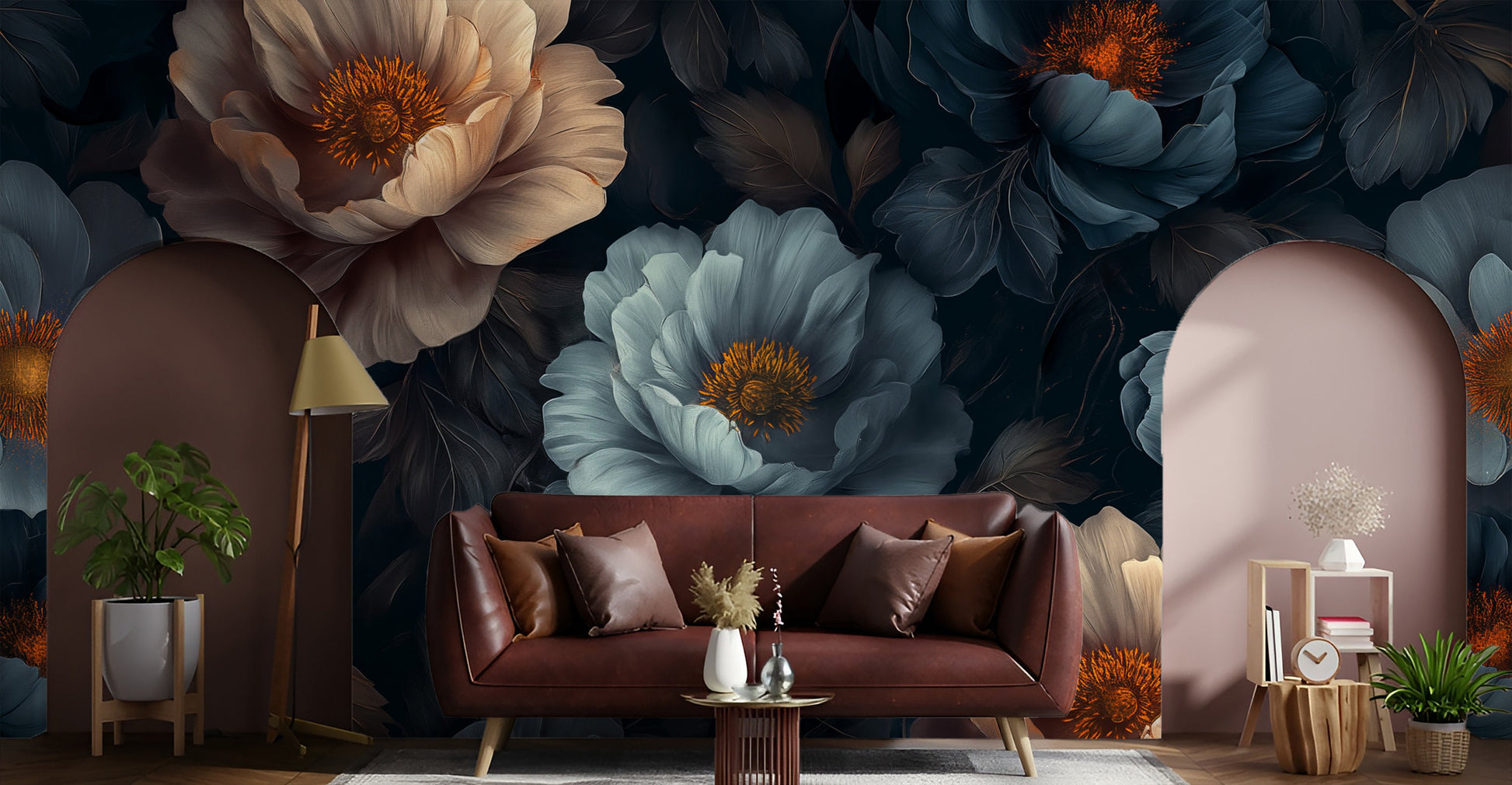 Watercolor Dark Botanical Dark Floral Wallpaper – scale reference, Golden Era Walls