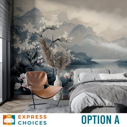 Chinoiserie Tree by Lake Floral Wallpaper – peel and stick wallpaper mural, Golden Era Walls