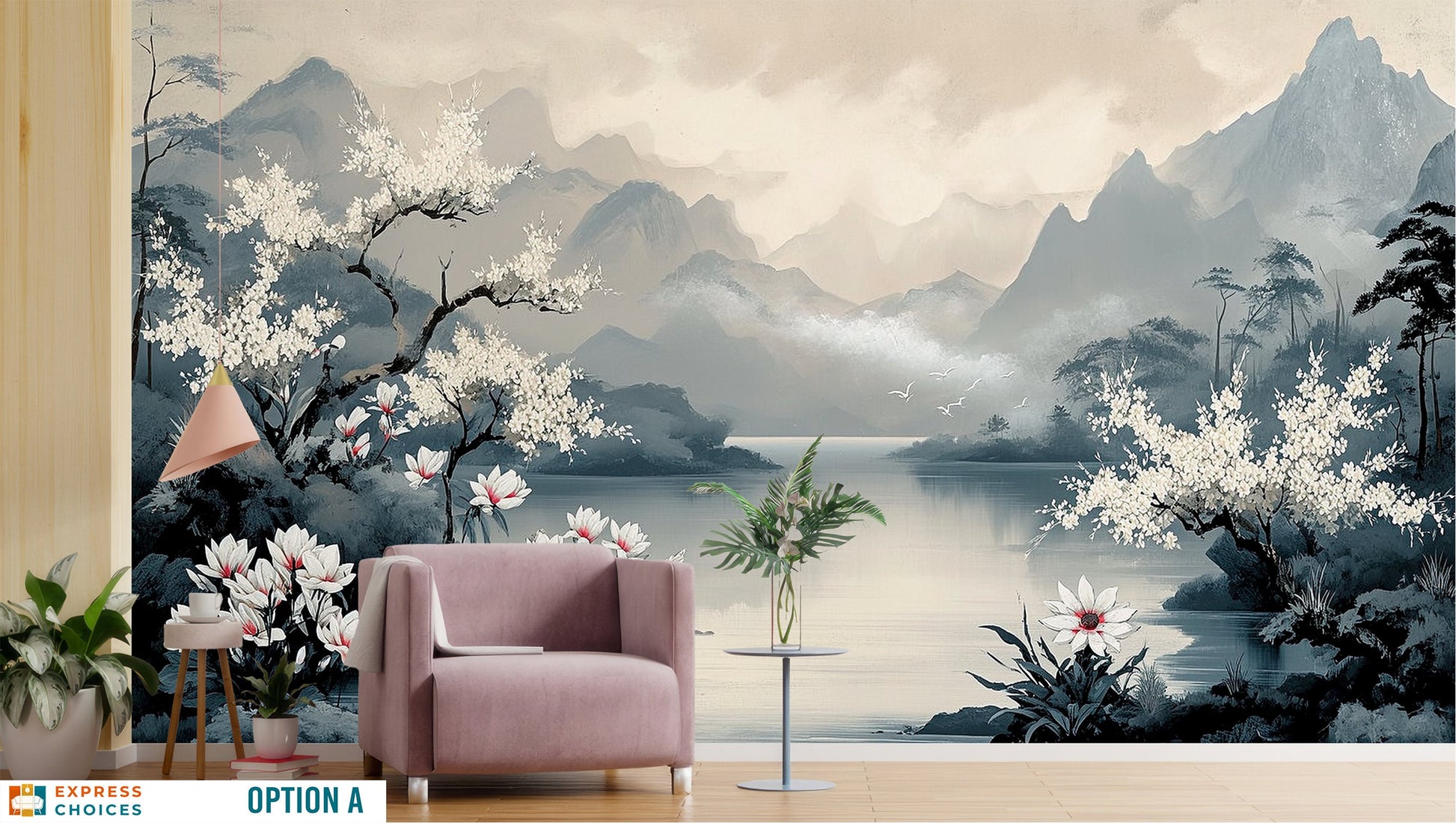 Chinoiserie Tree by Lake Floral Wallpaper – alternate view, Golden Era Walls