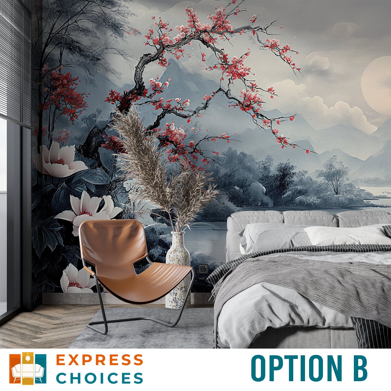 Chinoiserie Tree by Lake Floral Wallpaper – room setting, Golden Era Walls