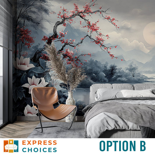 Chinoiserie Tree by Lake Floral Wallpaper – room setting, Golden Era Walls