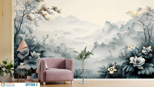 Foggy Pine Cloud Mountain Wallpaper – detail view, Golden Era Walls