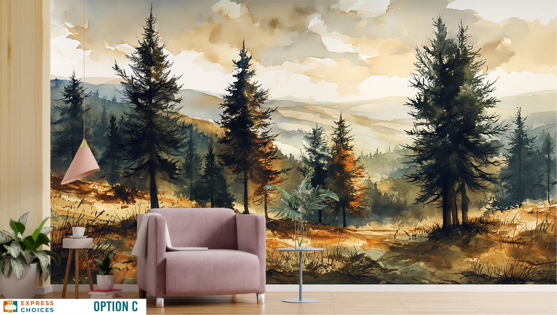 Forest Watercolor foggy Pine Wallpaper – alternate view, Golden Era Walls