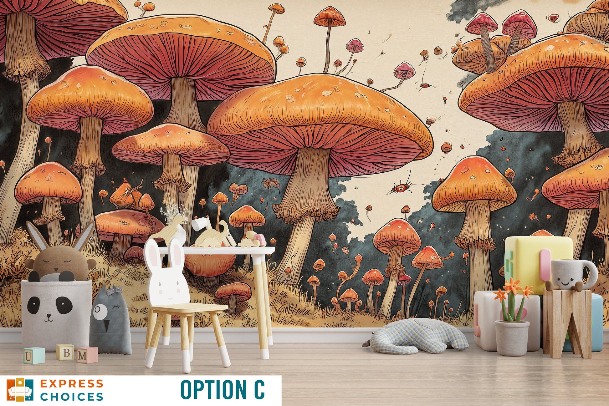 Vintage Mushroom Mushroom Botanical Floral Wallpaper – lifestyle view, Golden Era Walls