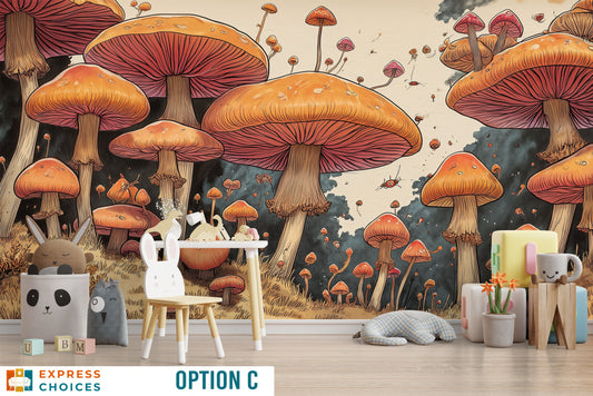 Vintage Mushroom Mushroom Botanical Floral Wallpaper – lifestyle view, Golden Era Walls
