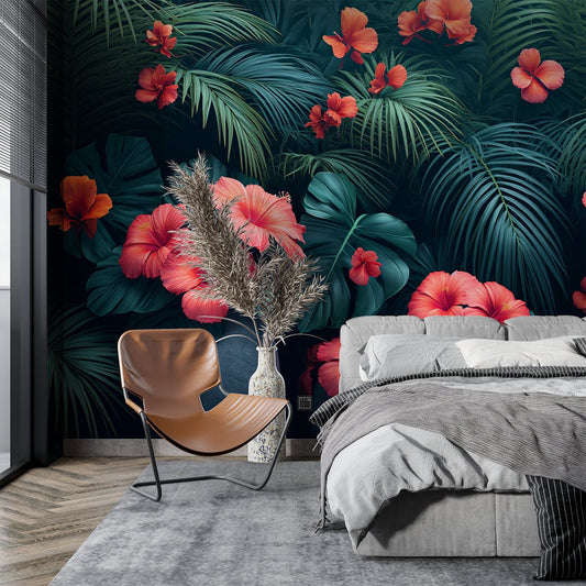 Self Adhesive Palm Tree Tropical Wallpaper – room setting, Golden Era Walls