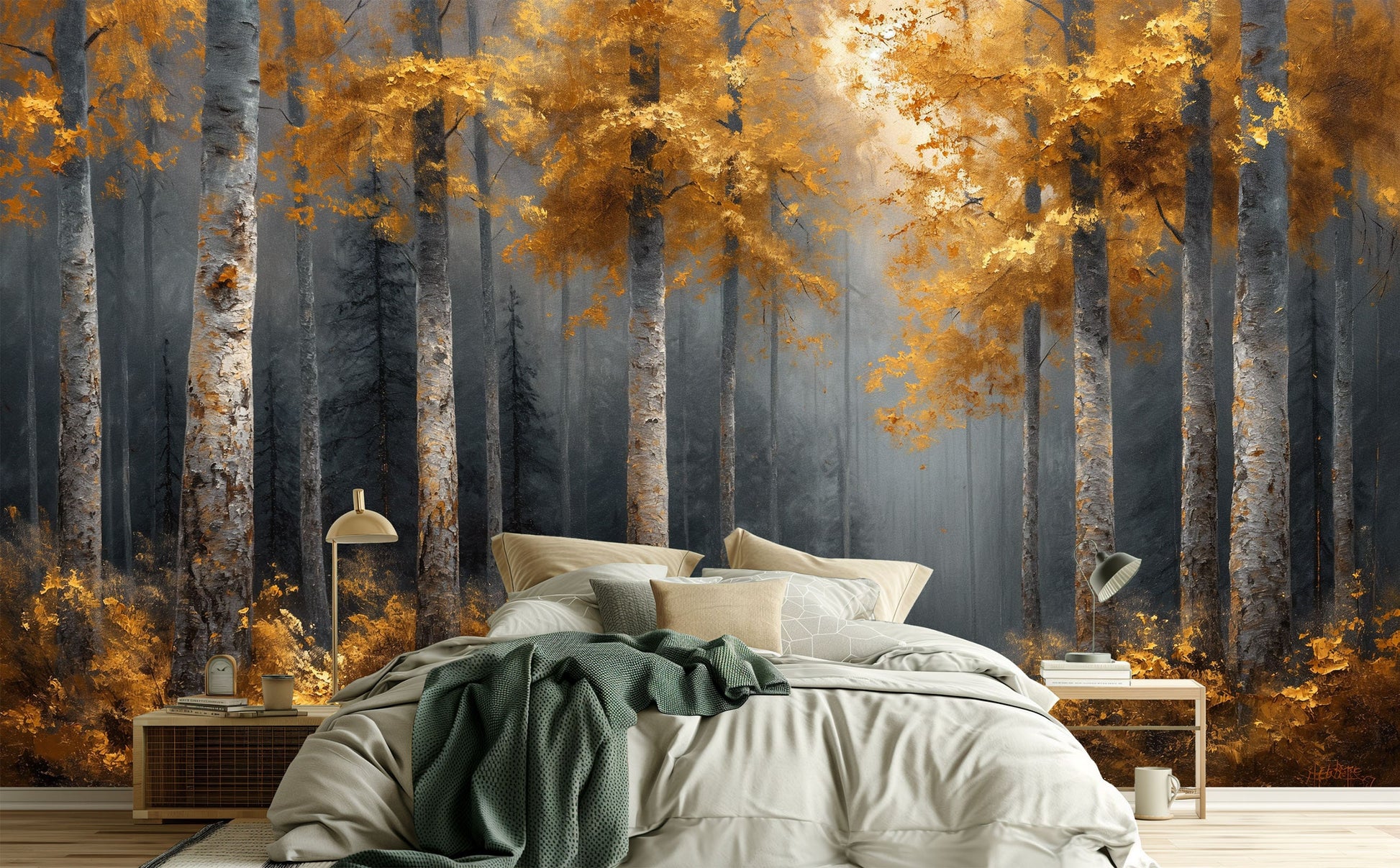 Woodland Watercolor Self Adhesive Coastal Wallpaper – lifestyle view, Golden Era Walls