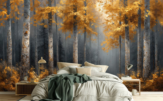 Woodland Watercolor Self Adhesive Coastal Wallpaper – lifestyle view, Golden Era Walls