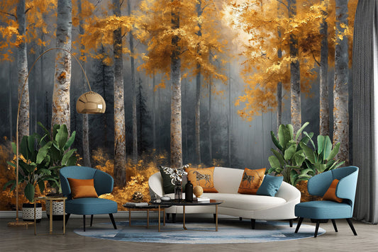 Woodland Watercolor Self Adhesive Coastal Wallpaper – peel and stick wallpaper mural, Golden Era Walls