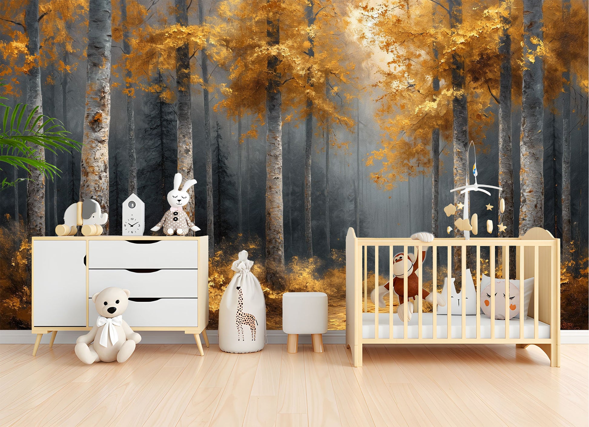 Woodland Watercolor Self Adhesive Coastal Wallpaper – scale reference, Golden Era Walls