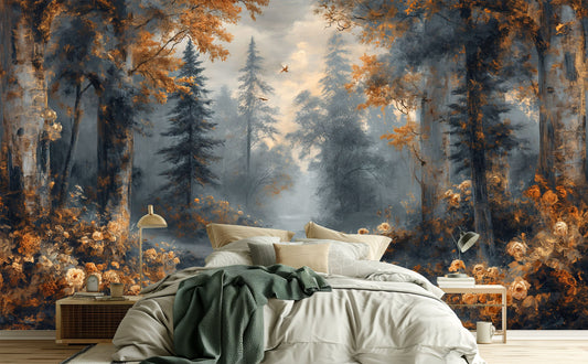 Woodland Scene Self Adhesive Wallpaper – lifestyle view, Golden Era Walls