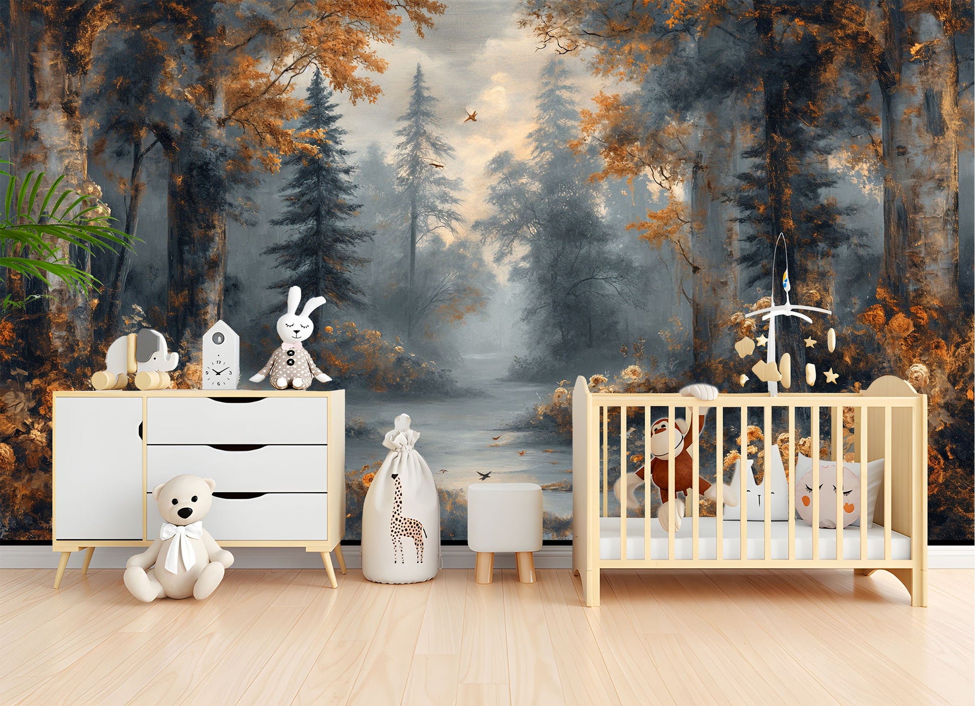 Woodland Scene Self Adhesive Wallpaper – scale reference, Golden Era Walls