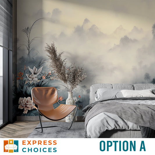 Foggy Pine Cloud Mountain Wallpaper – peel and stick wallpaper mural, Golden Era Walls