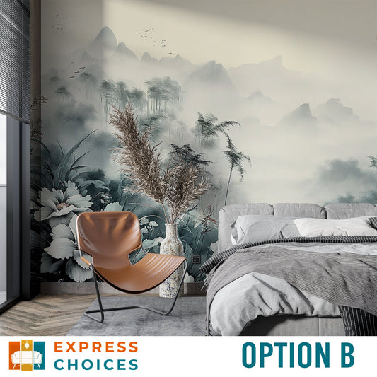 Foggy Pine Cloud Mountain Wallpaper – room setting, Golden Era Walls