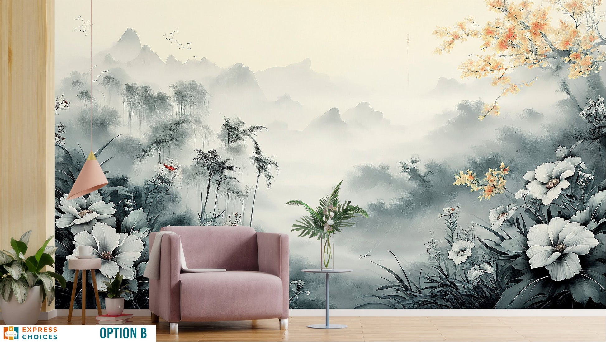 Foggy Pine Cloud Mountain Wallpaper – scale reference, Golden Era Walls