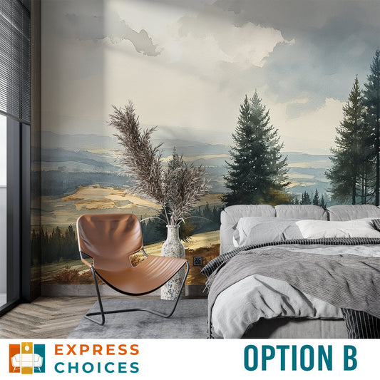 Forest Watercolor foggy Pine Wallpaper – lifestyle view, Golden Era Walls