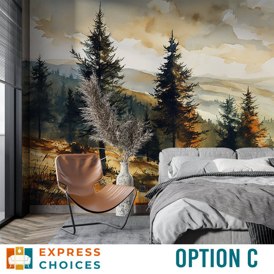 Forest Watercolor foggy Pine Wallpaper – detail view, Golden Era Walls