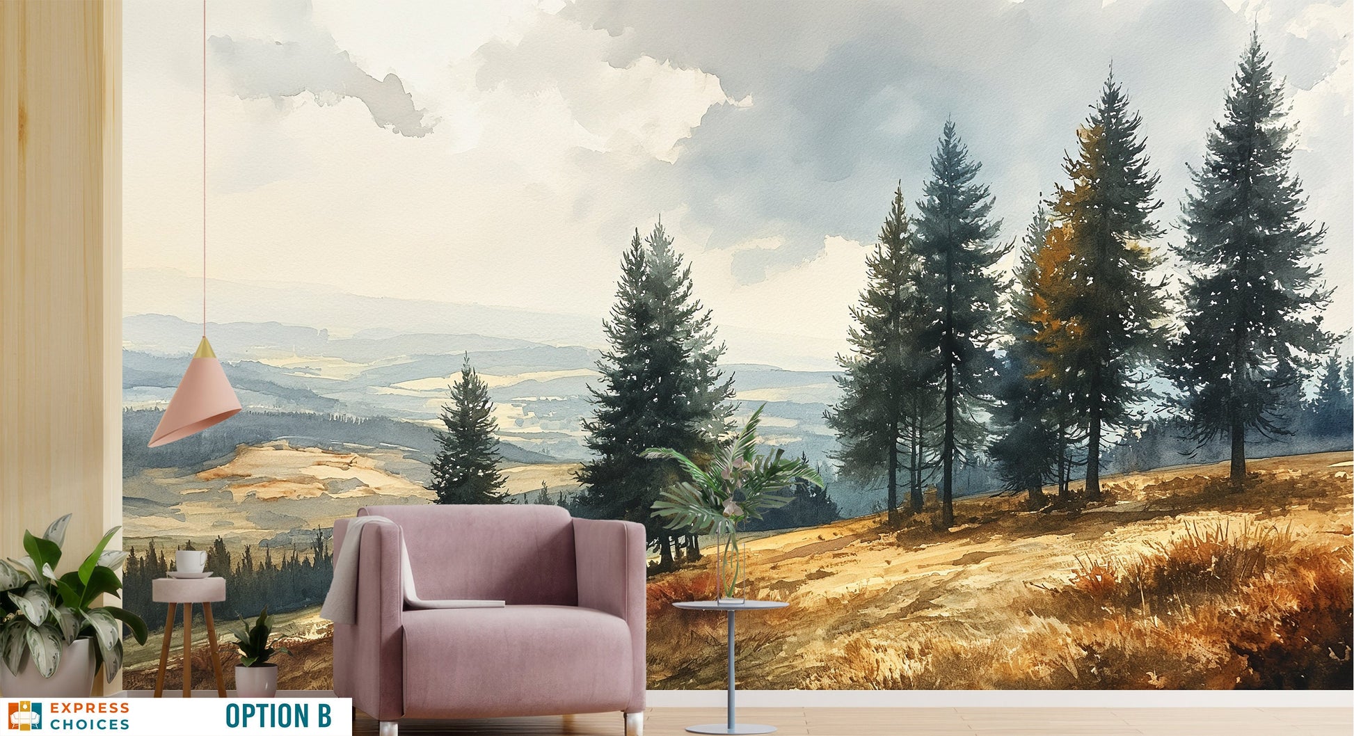 Forest Watercolor foggy Pine Wallpaper – scale reference, Golden Era Walls