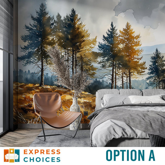 Forest Watercolor foggy Pine Wallpaper – room setting, Golden Era Walls