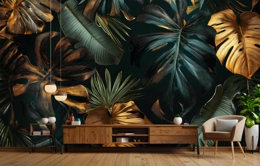 Black gold tropical leaves Tropical Wallpaper – peel and stick wallpaper mural, Golden Era Walls