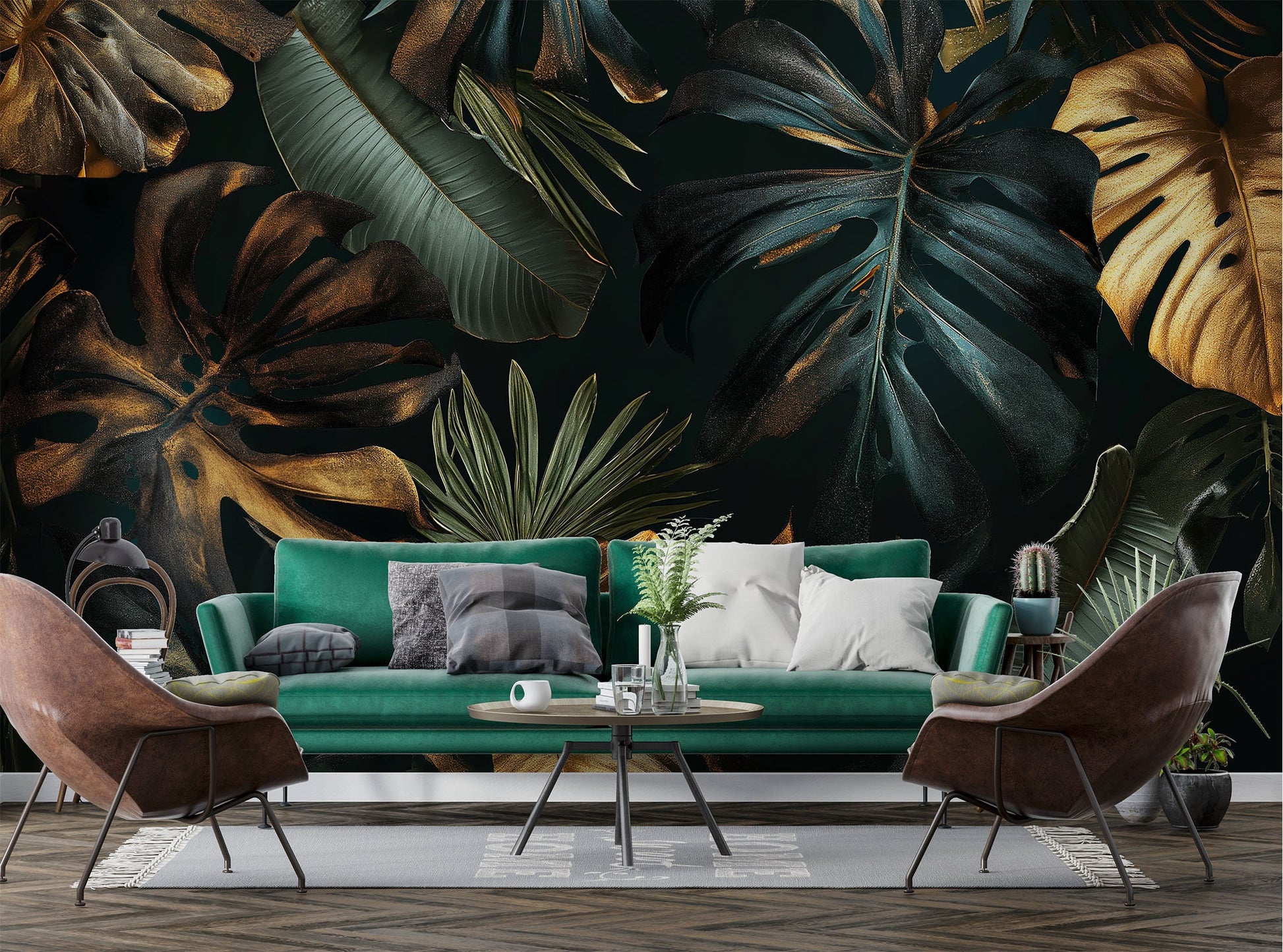 Black gold tropical leaves Tropical Wallpaper – lifestyle view, Golden Era Walls