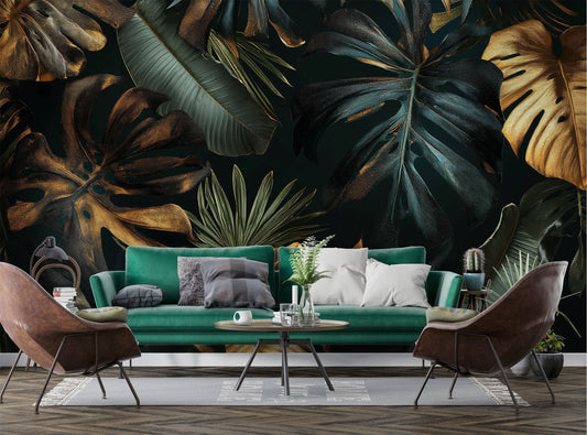 Black gold tropical leaves Tropical Wallpaper – lifestyle view, Golden Era Walls
