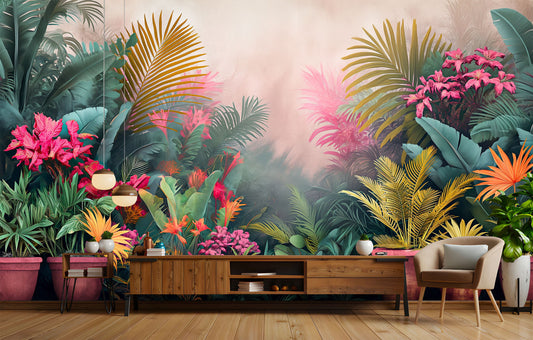 Foggy Tropical Landscape Garden Floral Wallpaper – peel and stick wallpaper mural, Golden Era Walls