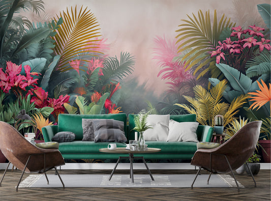 Foggy Tropical Landscape Garden Floral Wallpaper – lifestyle view, Golden Era Walls