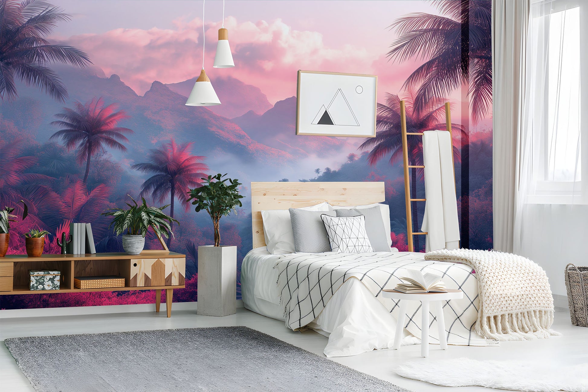 Pink Palm Trees Foggy Tropical Wallpaper – lifestyle view, Golden Era Walls