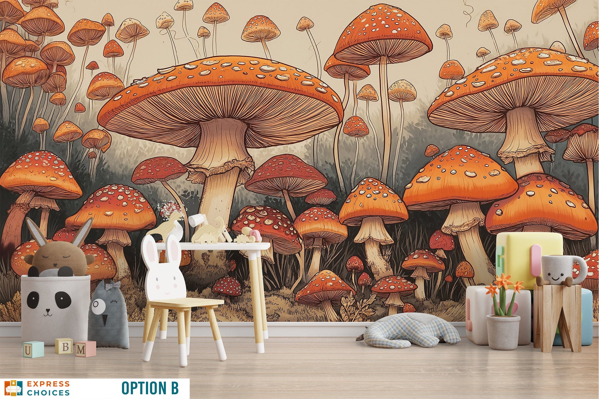 Vintage Mushroom Mushroom Botanical Floral Wallpaper – room setting, Golden Era Walls