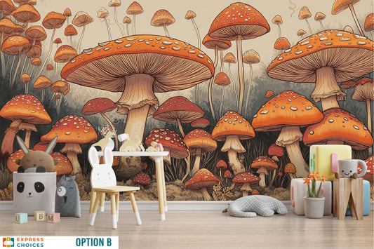 Vintage Mushroom Mushroom Botanical Floral Wallpaper – room setting, Golden Era Walls