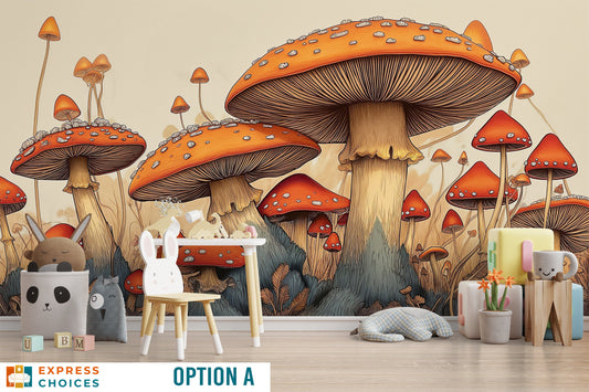 Vintage Mushroom Mushroom Botanical Floral Wallpaper – peel and stick wallpaper mural, Golden Era Walls