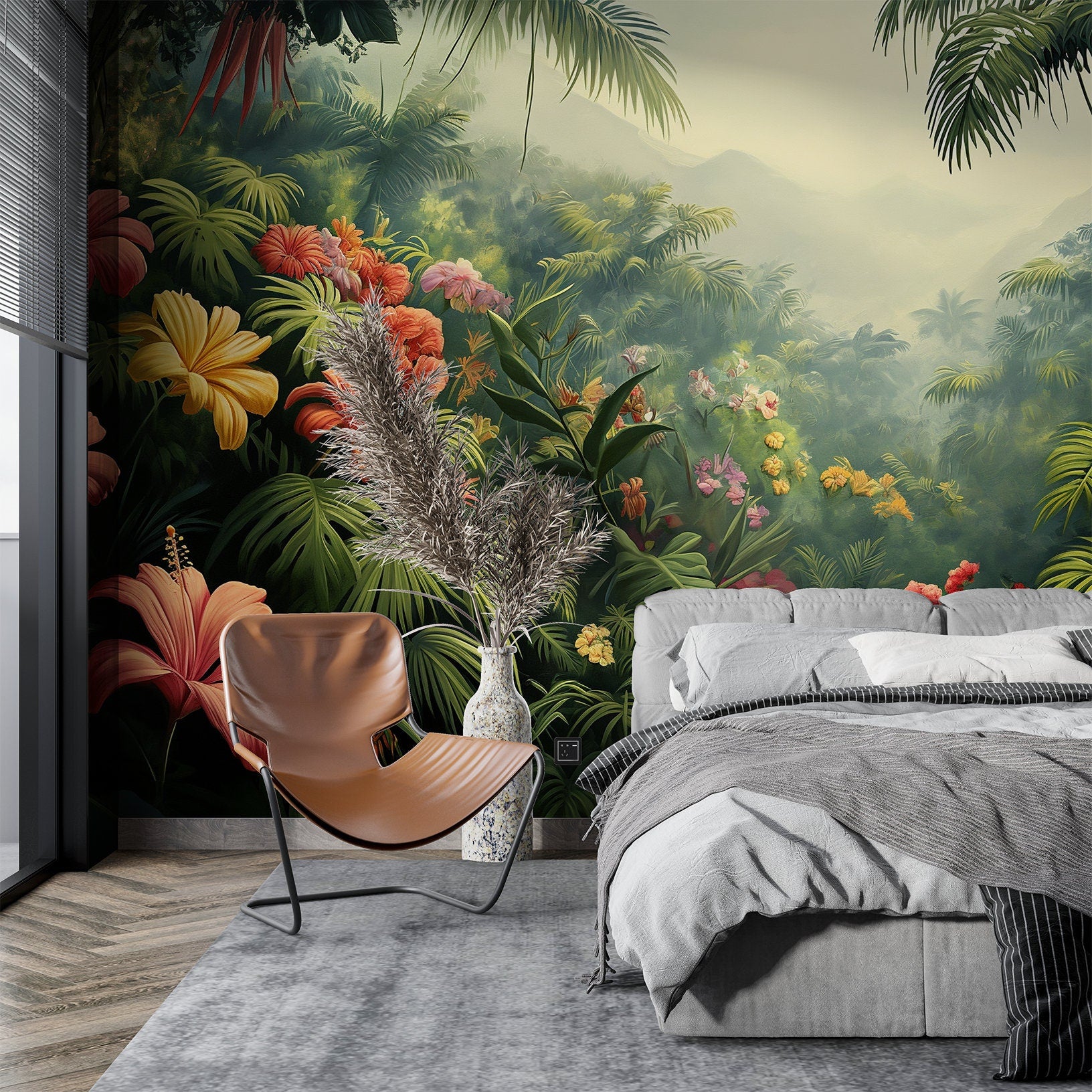 Palm Tree Design Floral Wallpaper – room setting, Golden Era Walls