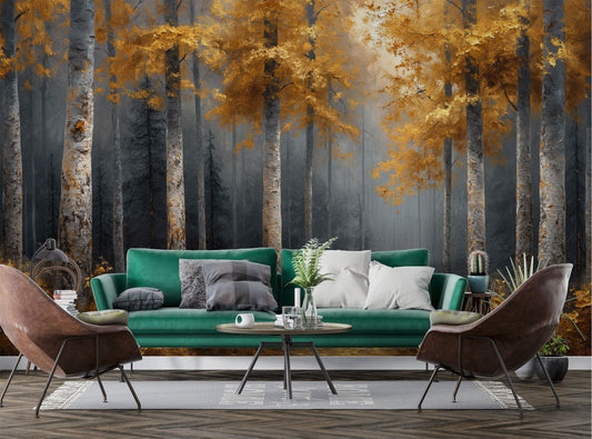 Woodland Watercolor Self Adhesive Coastal Wallpaper – room setting, Golden Era Walls
