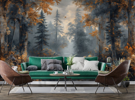 Woodland Scene Self Adhesive Wallpaper – room setting, Golden Era Walls