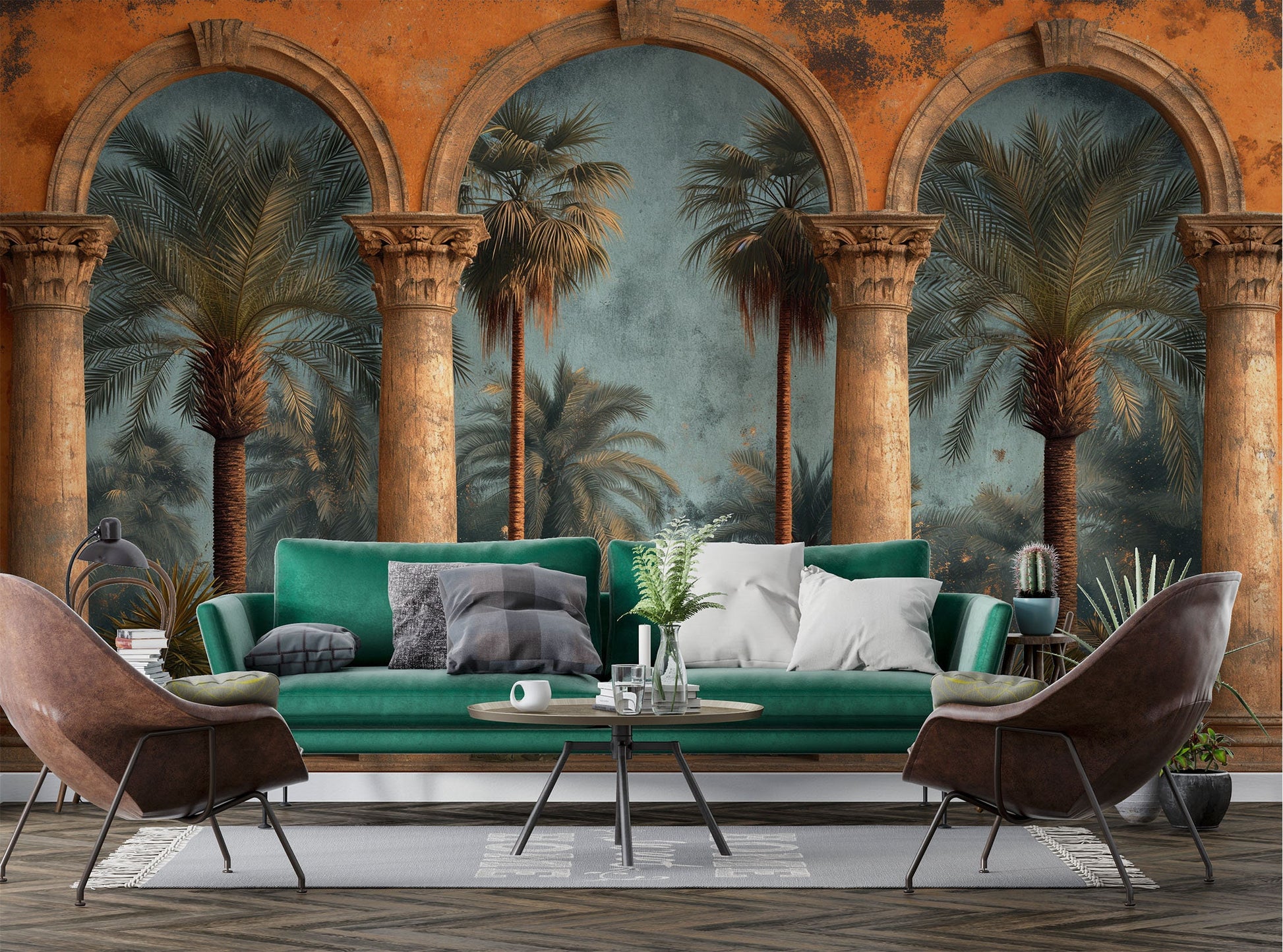 Stone Arches Self Adhesive Tropical Wallpaper – lifestyle view, Golden Era Walls